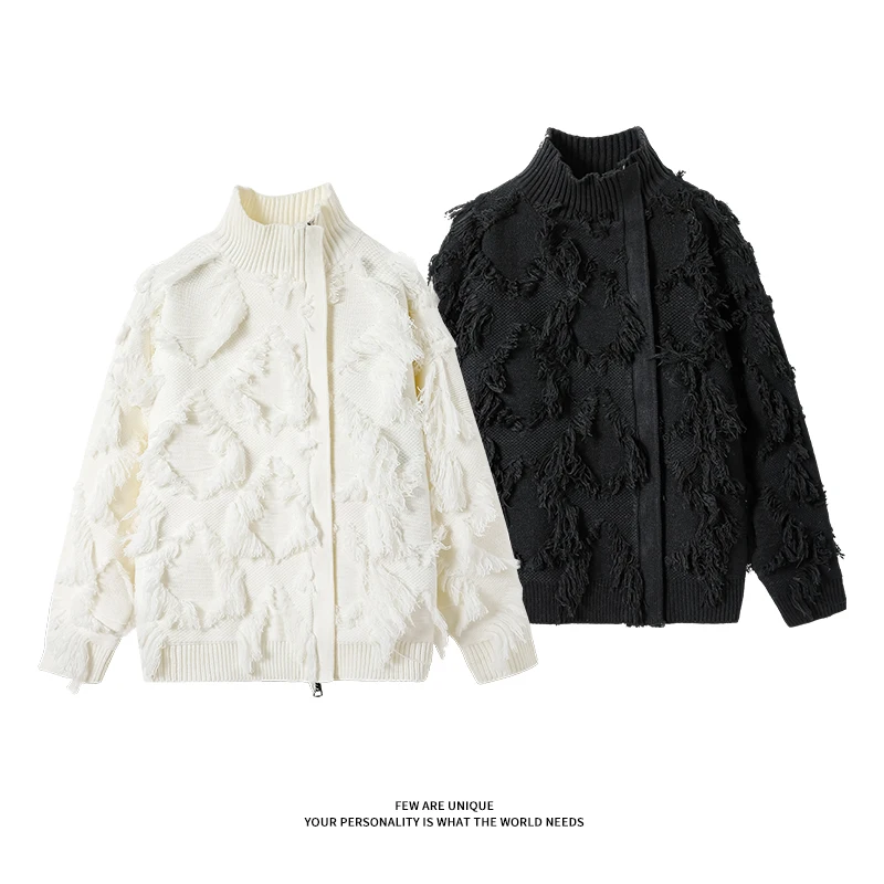 

Men's Streetwear Fringe Distressed Knitted Cardigan High Neck Zip Up Oversize Loose Sweater Autumn Winter Couple Tops