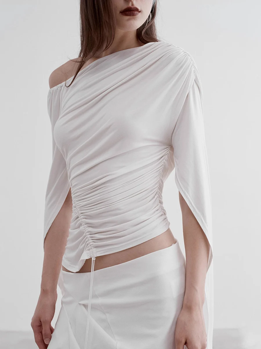 

Solid Spliced Lace Up Slimming T Shirts For Women Slash Neck Short Sleeve Tunic Blouses Female Fashion Style New