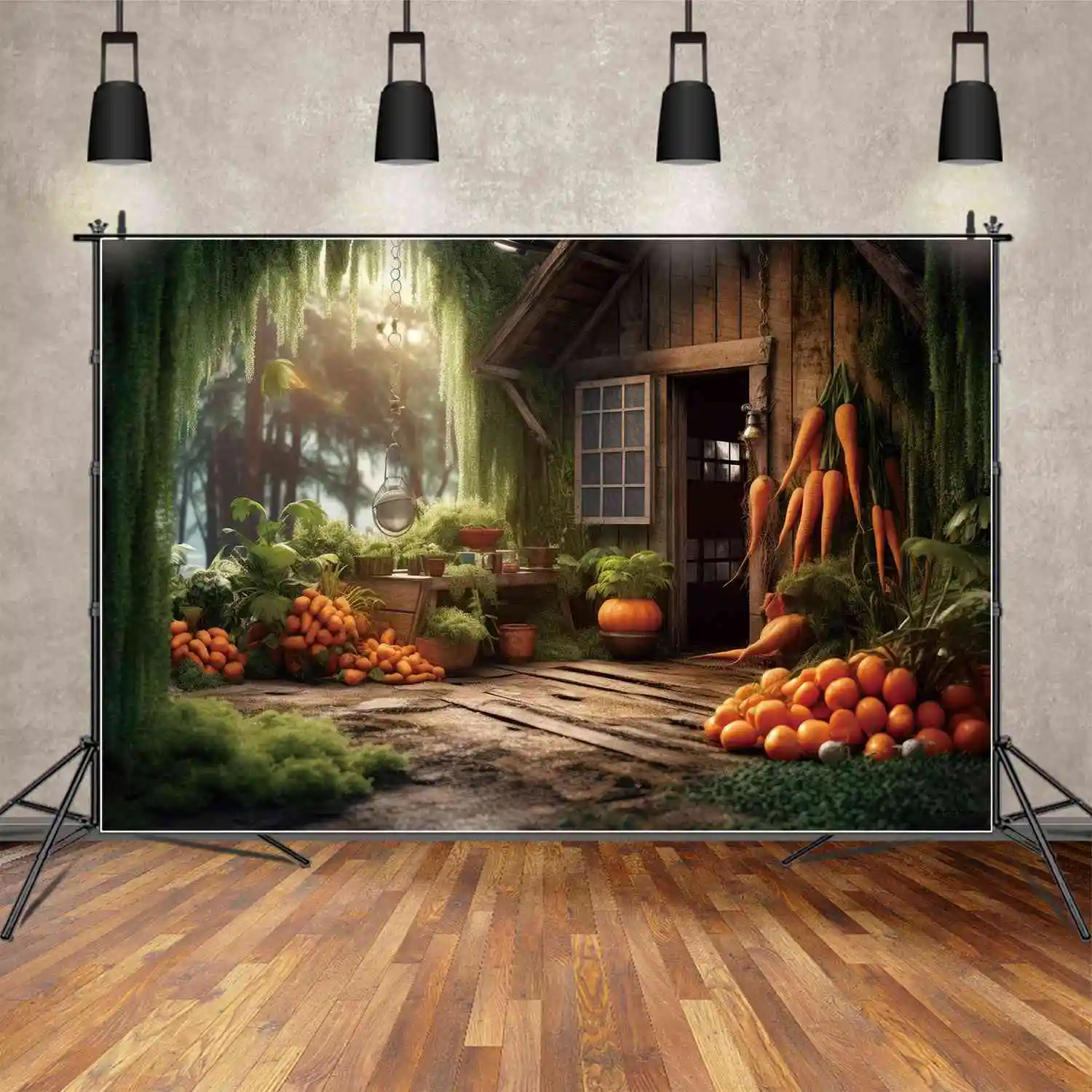 MOON.QG Background Forest Cabin Green Grass Fringe Carrot Thanksgiving Backdrop Autumn Harvest Party Prop Decoration Photo Booth