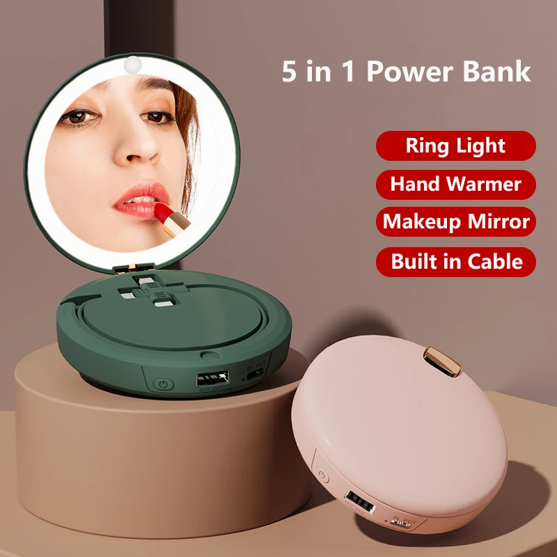

5 in1 Hand Warmer Power Bank with Makeup Mirror and Light Portable Charger Powerbank Built in Cable for iPhone 17 Xiaomi Samsung