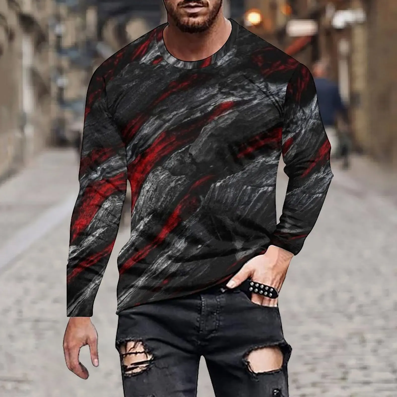 Fashion Spring And Autumn Men's Simple Irregular Gradual Printing Dark Color Loose Casual Tie Dye Long Sleeve Round Neck Hoodie