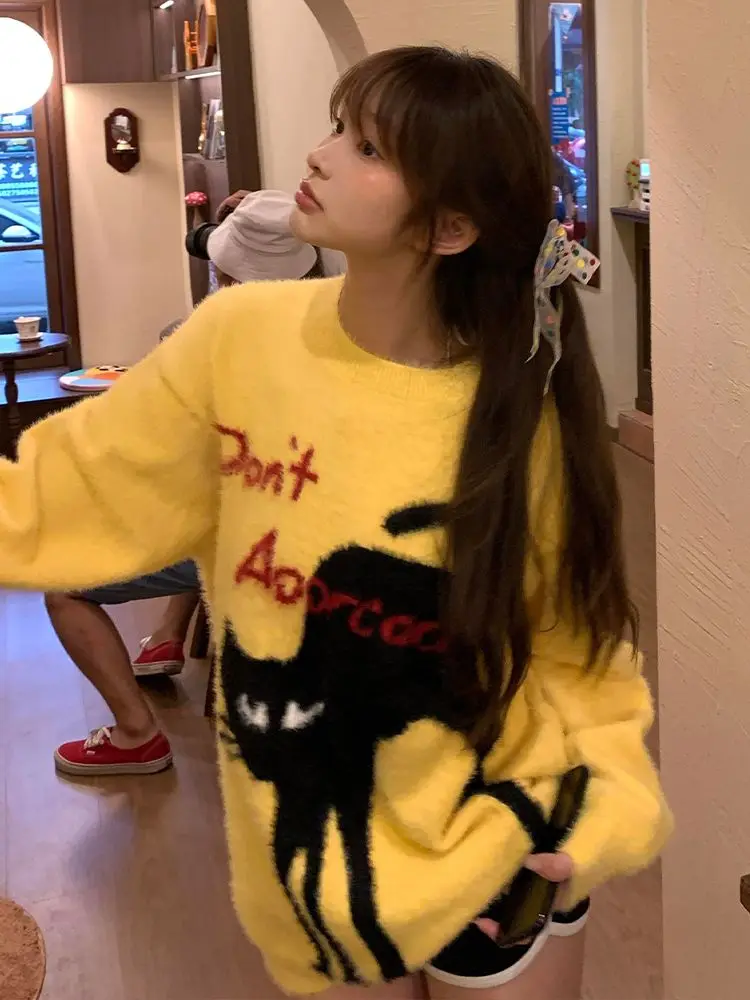 

American Cartoon Cat Round Neck Pullover Sweater Women Autumn Winter New Loose Slim Niche Design Lazy Sweater Top