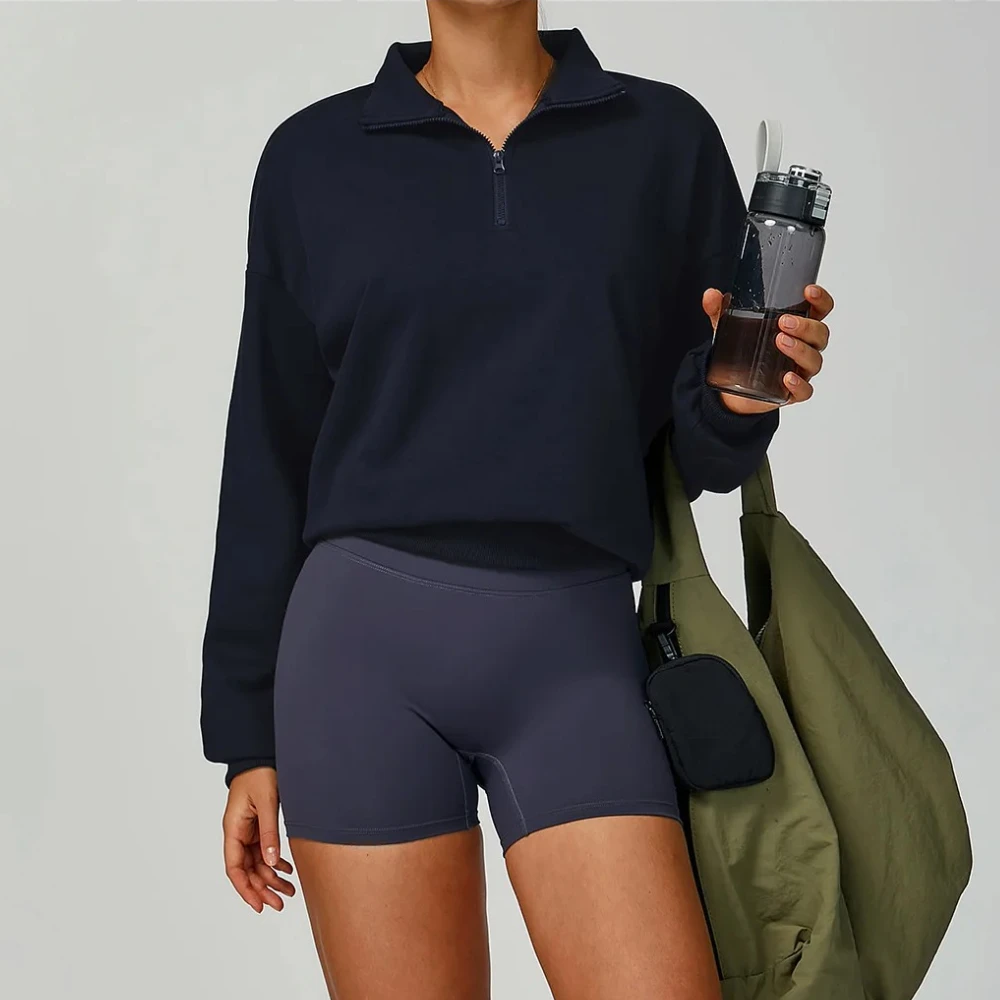 Autumn Winter Cotton Yoga Sweatshirt Half Zipper Stand Neck Sports Hoodies Women Long Sleeve High Waist Gym Fitness Running Tops