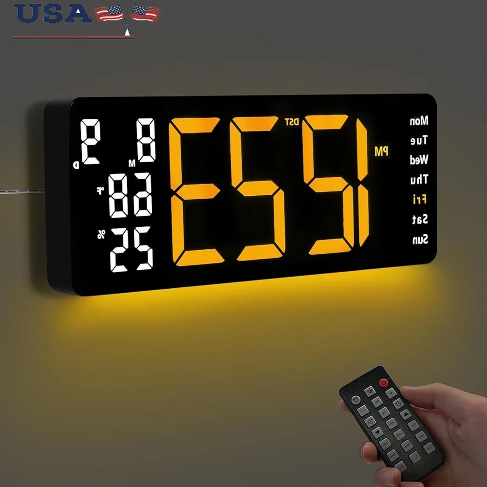 

17.5 Digital LED Wall Clock Time Date Month Temperature Humidity Dual Alarm Timer Remote Control 10-Level Brightness