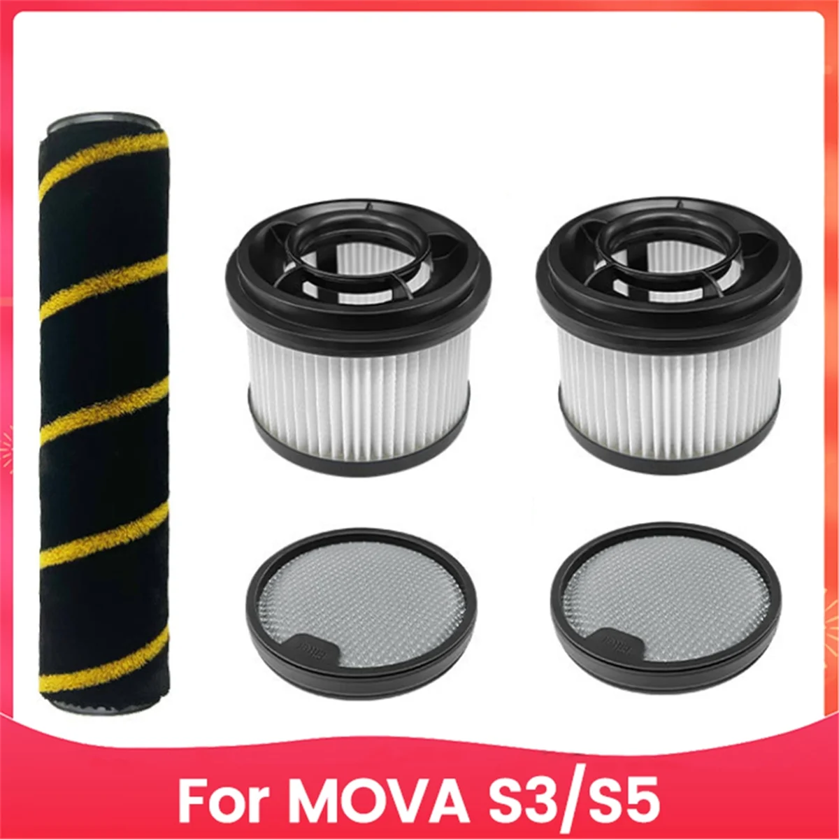 5 قطعة فلتر بديل لأجزاء المكنسة الكهربائية اللاسلكية المحمولة MOVA S3/S5، فرشاة دوارة قابلة للغسل، فلتر ما قبل وبعد