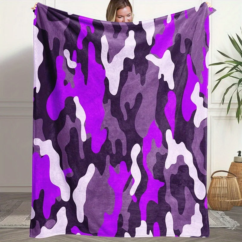 1pc Fluffy Blanket Purple Camouflage Print White Throw Blanket White Blanket Barefoot Bream Blanket Throw Blanket for Sofa Winte