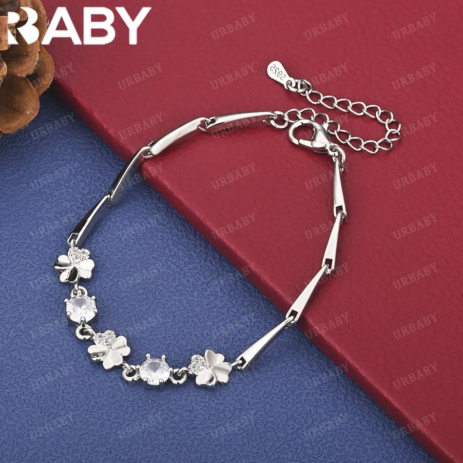 

URBABY 925 Sterling Silver Zircon Four-Leaf Clover Chain Bracelet For Women Men Fashion Wedding Engagement Party Jewelry Gifts