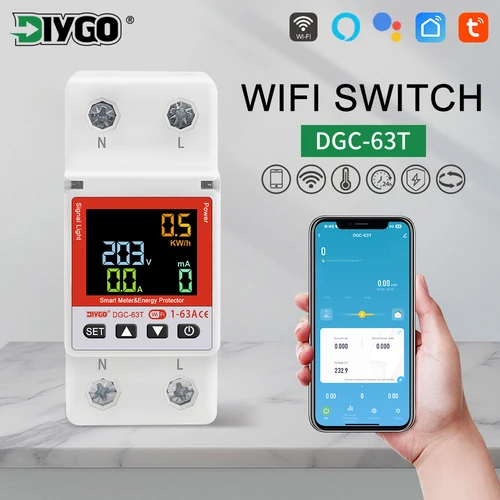 Disyuntor inteligente WIFI 2P DGC-63T Control remoto 1-63A interruptor ajustable temporizador voltaje corriente temperatura protección contra fugas