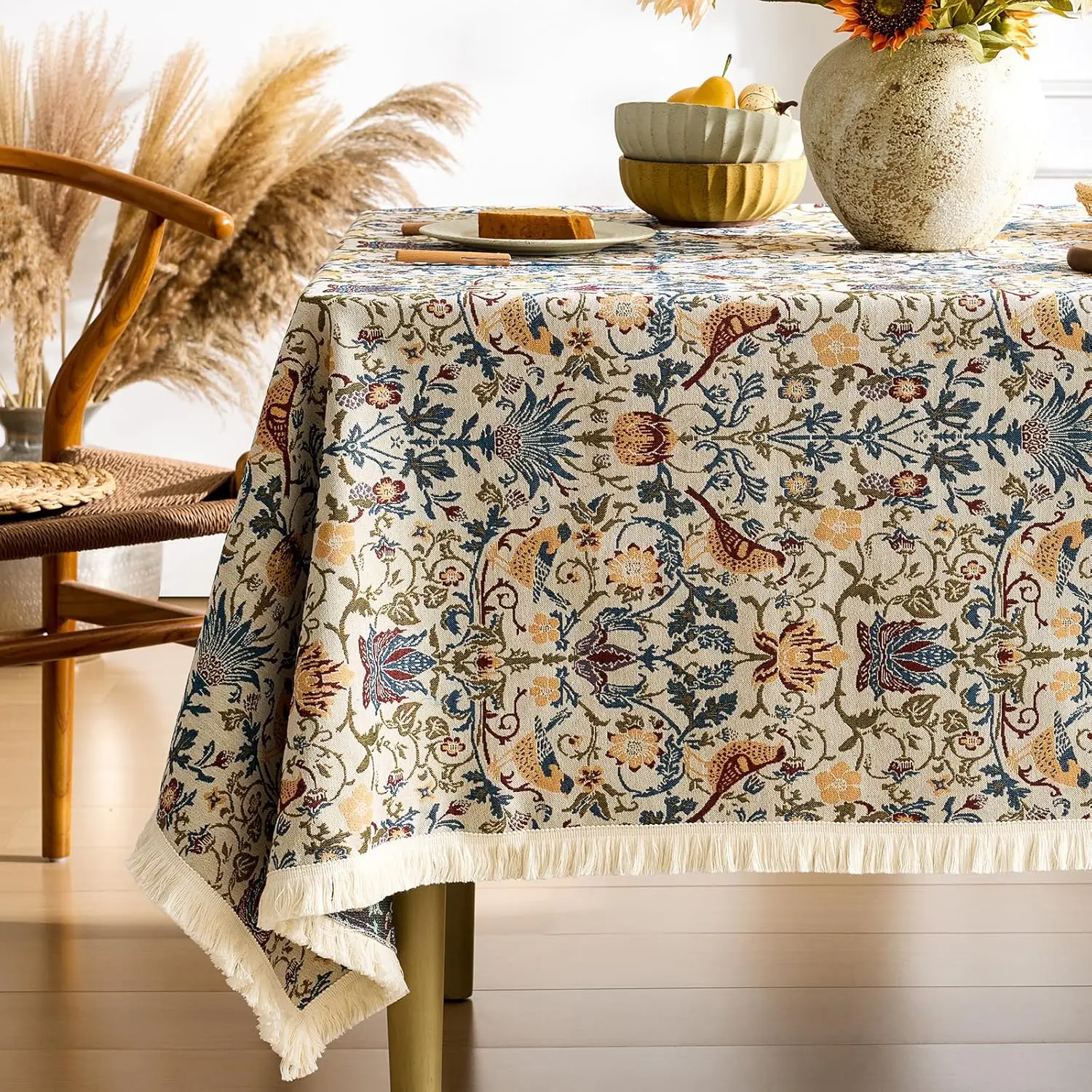 

Farmhouse Floral Tablecloths Rectangular Vintage Flower Print Table Cloth with Tassel Rustic French Embroidered Boho Tab