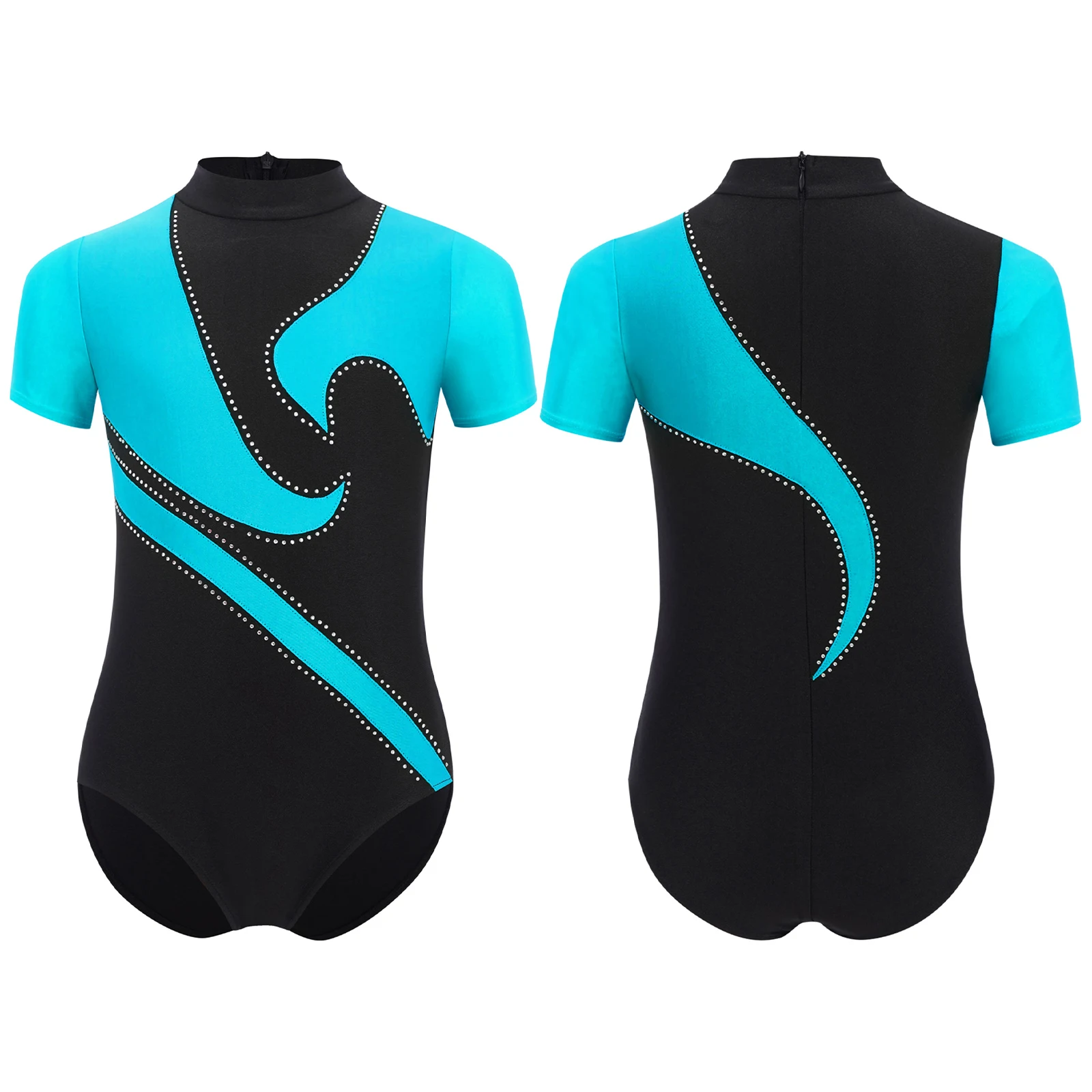 

Boys Short Sleeve Back Invisible Zipper Color Block Patchwork Leotard for Gymnastics Stage Performance Competition Training Wear