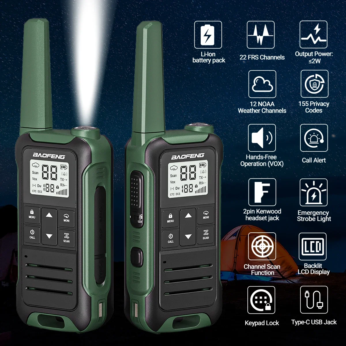 2PCS Baofeng F22 Long Range Walkie Talkie PMR/FRS Rechargable Type-C Charger Portable Two Way Radio For Camping