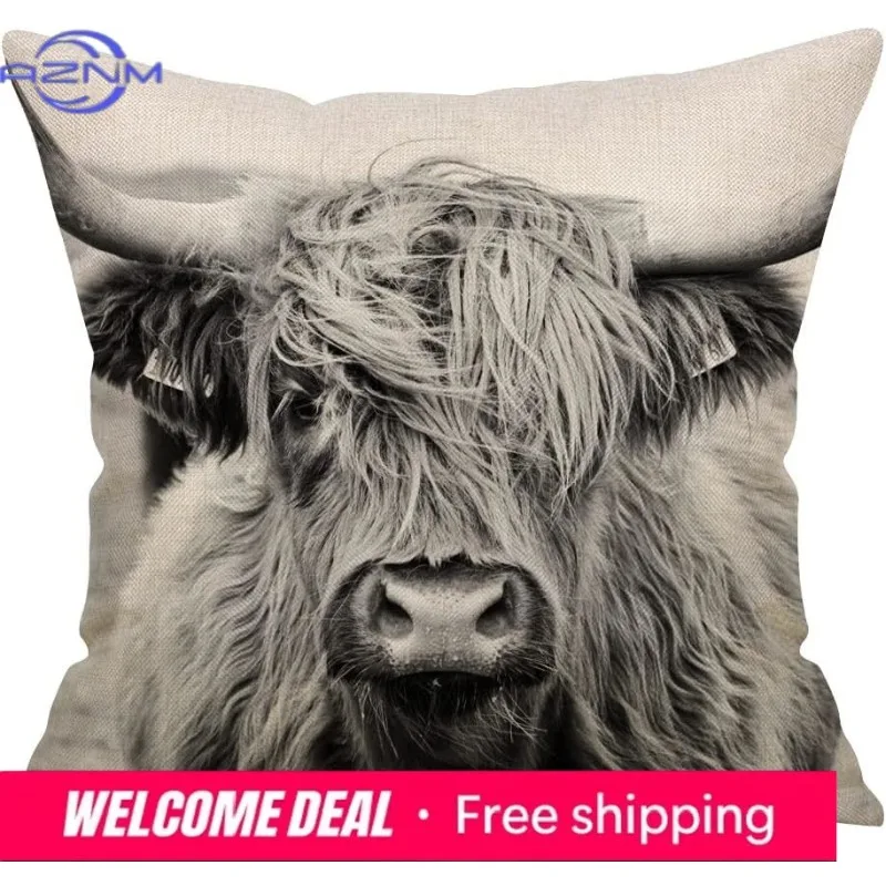 Highland Cow Throw Pillowcase, Decorative Cow Print Linen Pillowcase Sofa Cushion Living Room Car Bedroom Cushion Cover