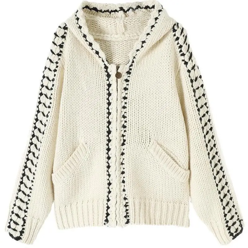 เสื้อสเวตเตอร์ไหมพรมถักสำหรับผู้หญิง สไตล์ฤดูใบไม้ร่วงและฤดูหนาว แบบมีฮู้ด ลายดอกไม้สไตล์เรโทร  ผ้าหนานุ่ม  พร้อมซิป