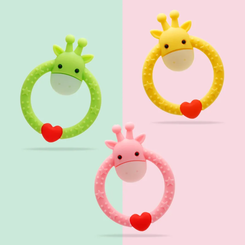 

New round multi-functional deer teether baby cartoon easy-to-grip silicone teether baby multi-color molar stick for chewing fun