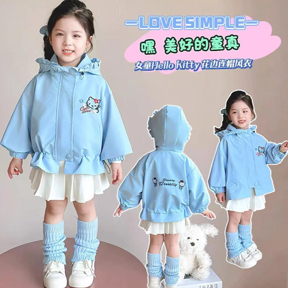 

Kawaii Hello Kitty пальто для девочек, детская ветровка с капюшоном и молнией с мультяшным принтом, весенне-осенняя новая детская милая куртка, верхняя одежда