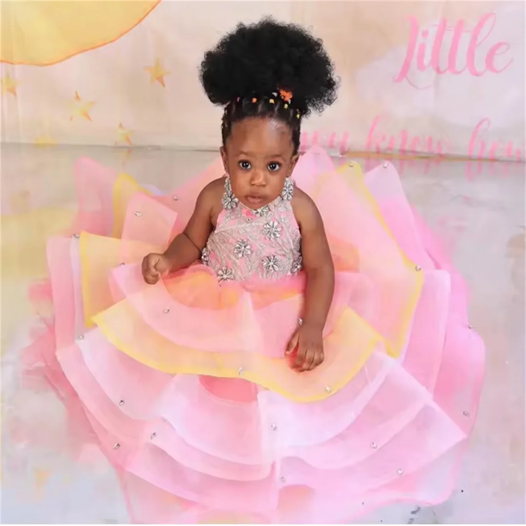 

Customized Gorgeous Flower Girl Dresses For Wedding High Collar Crystal Cute Toddler First Birthday Photo Shoot Performance Gown