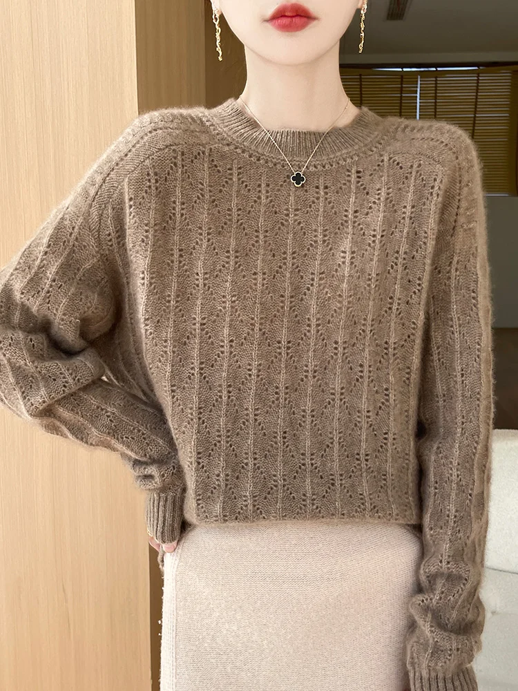 New Womens Basic O-neck HollowPullover Sweater 100% Merino Wool Batwing Sleeve Cashmere Knitwear Autumn Winter Clothing Tops