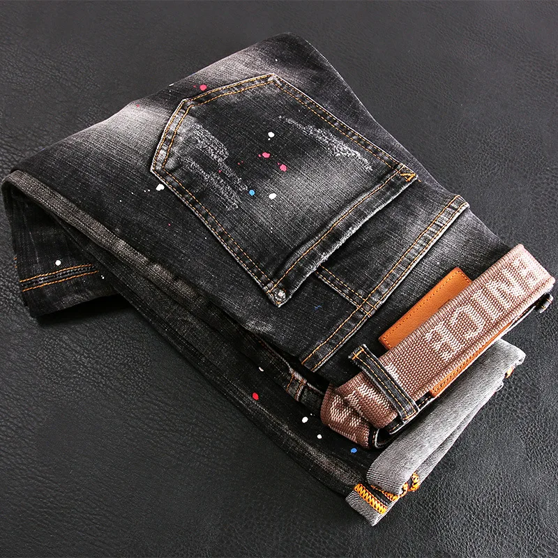 Fashion Pocket Designer Men Jeans Retro Black Gray Stretch Slim Fit Ripped Jeans Men Hip Hop Painted Vintage Denim Pants Hombre