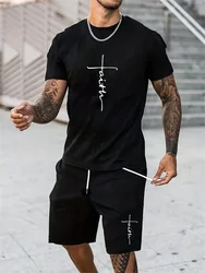 100% cotton men's summer casual faith print loose size round neck short sleeved T-shirt+shorts set