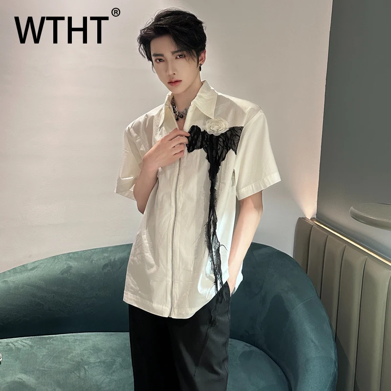 

WTHT Fashion Men's Spliced Gauze Flower Contrast Color Shirts Trendy Turn Down Collar Short Sleeves Tops Male 2025 Summer 2A1407