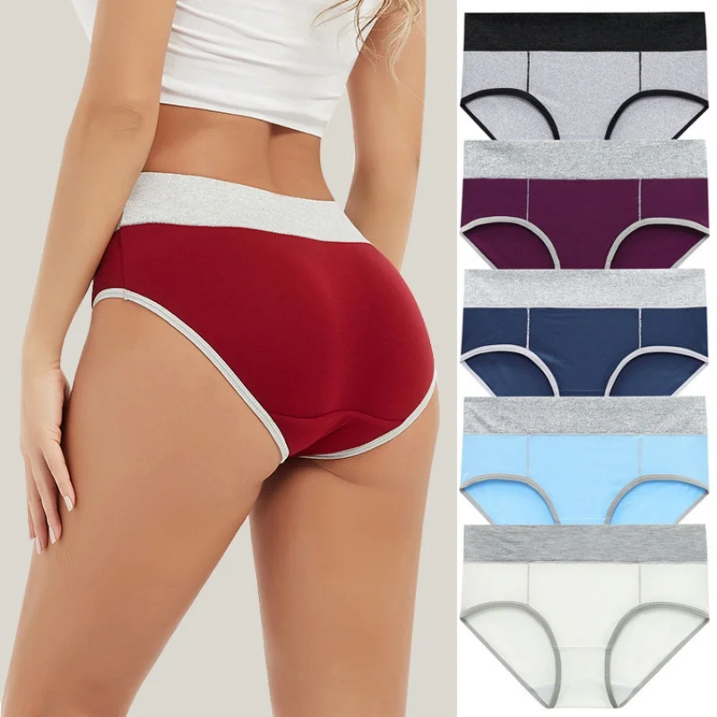 

Five-Piece Cotton Knitted Color Matching Underwear Women's Briefs plus Size Waist Trimming Underwear