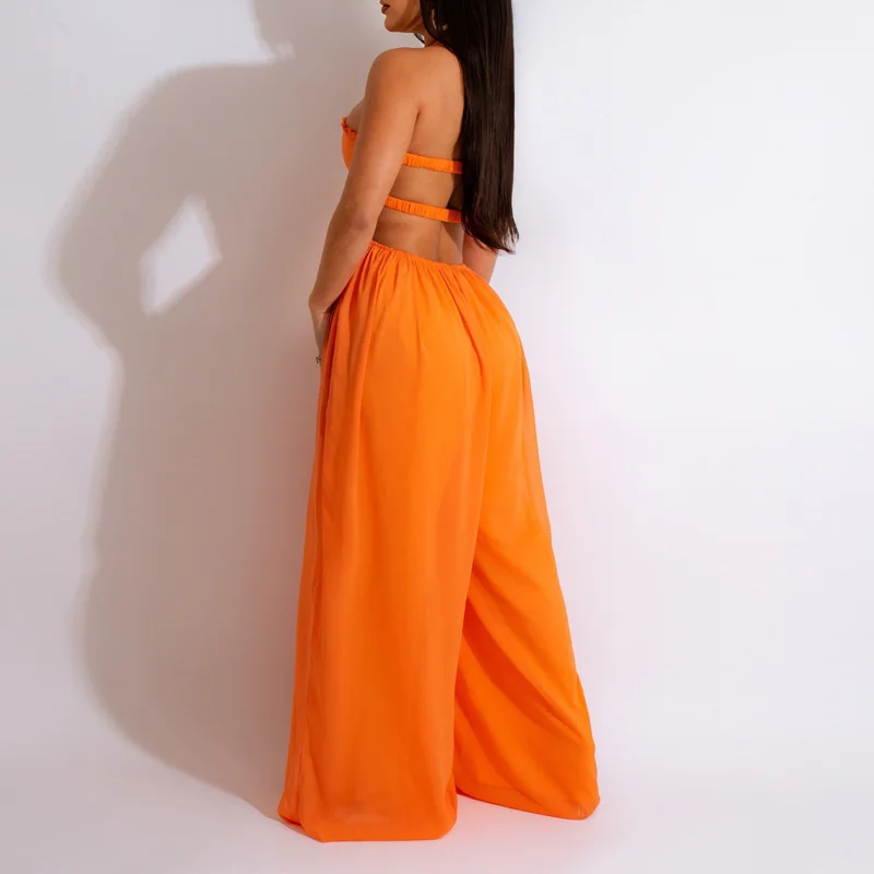 Slergiri 여성의 섹시한 넥타이 백 레스 시폰 점프 슈트 비치 휴가 streetwear 특대 와이드 레그 점프 슈트 클럽 파티 의상