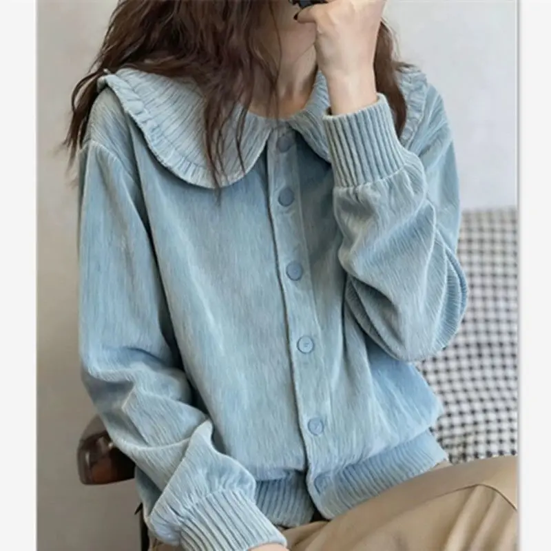 Kimutomo 2026 New Blue Corduroy Shirt Women Turn-down Collar Top Vintage Casual Long Sleeve Blouse Fashion Streetwear