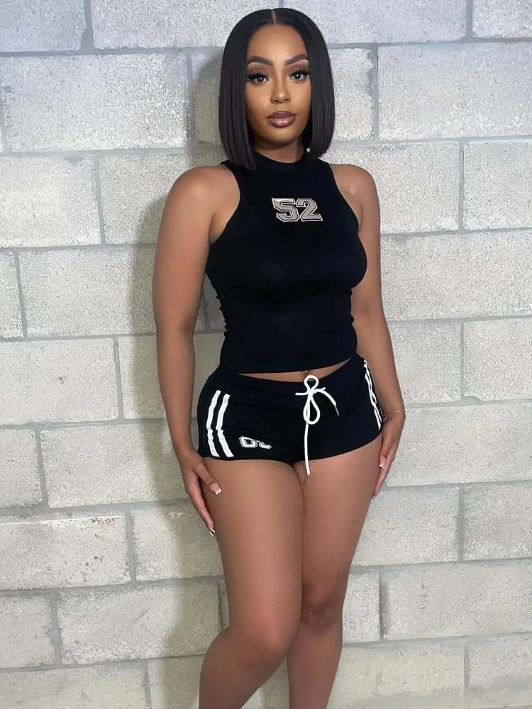 Macheda カジュアルスポーティ 2 点セット女性番号プリント o ネックタンクトップ + パッチワーク巾着ショーツデイリーファッションシンプルなトラックスーツ