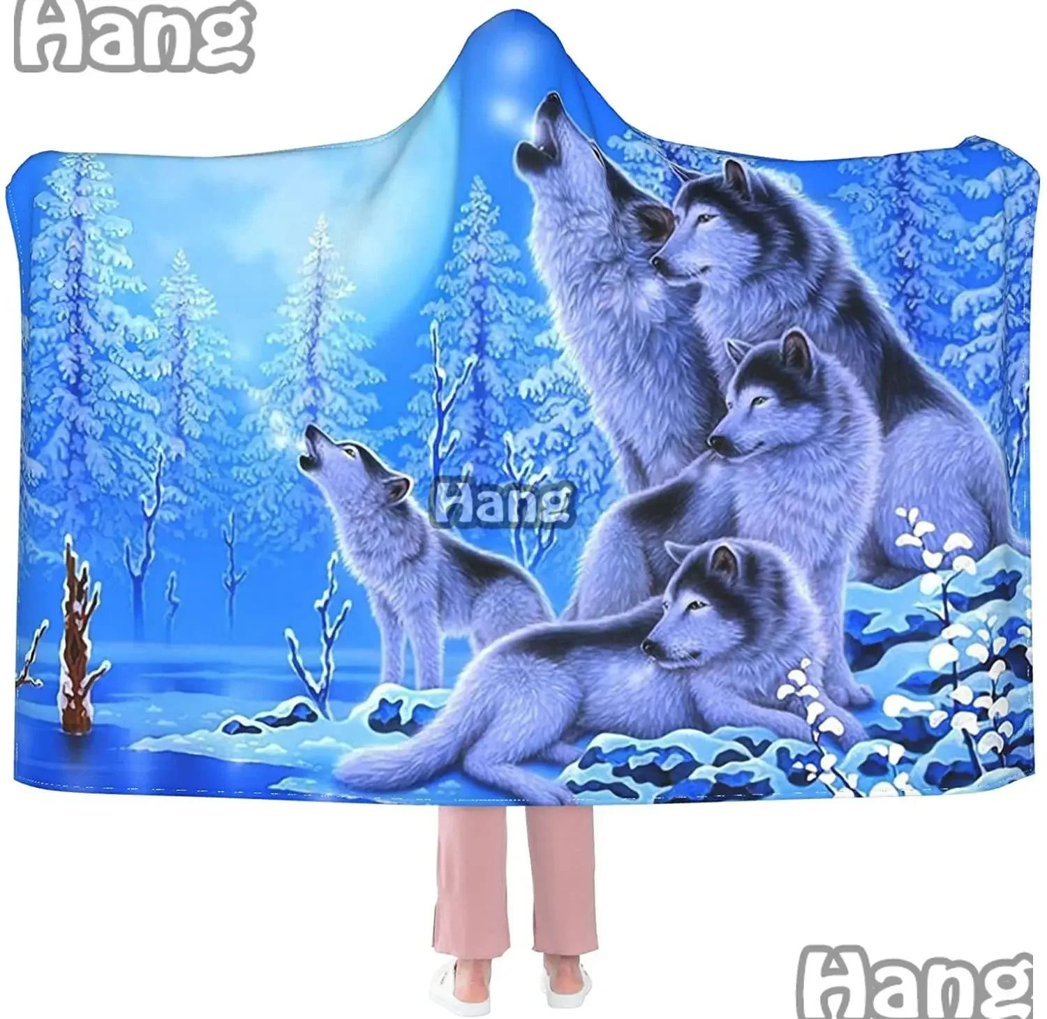 Christmas Warm Gifts Blanket Hoodie Wolf Family Hooded Blanket Wearable Blanket-Super Soft Plush Warm Blanket Throw Blankets