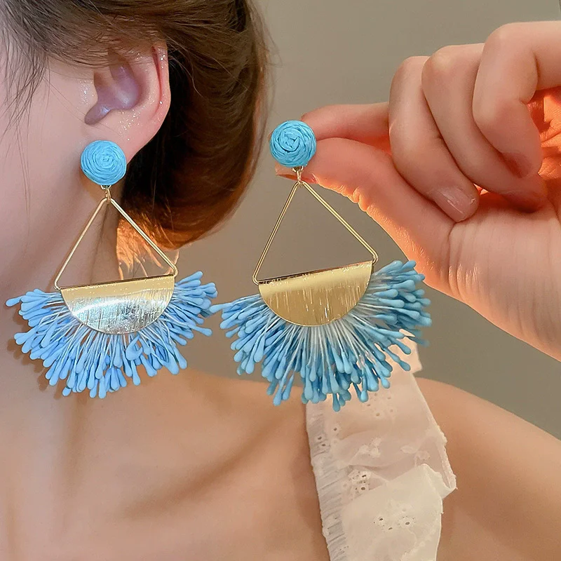 Pendientes colgantes con borlas bohemias para mujeres y niñas, joyería de fiesta azul fucsia