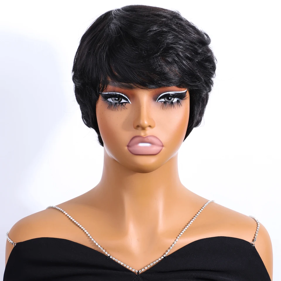 Perruque Cheveux Humain Sans Colle Short Pixie Cut Wig With Bangs Glueless Brazilian Remy Hair Wigs For Women