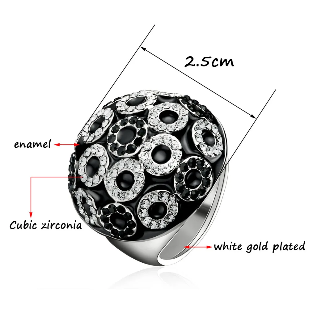 SINLEERY Unique Vintage Half Ball Round Black Enamel Big Rings Circles Cubic Zirconia Rings For Women Jewelry