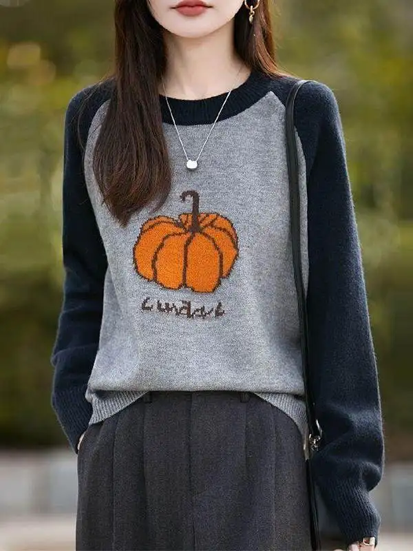 Loose Women's Knitted Sweater round Neck Overhead Small Pumpkin Pattern Autumn Winter Atmosphere Match All Knitted Sweater Top