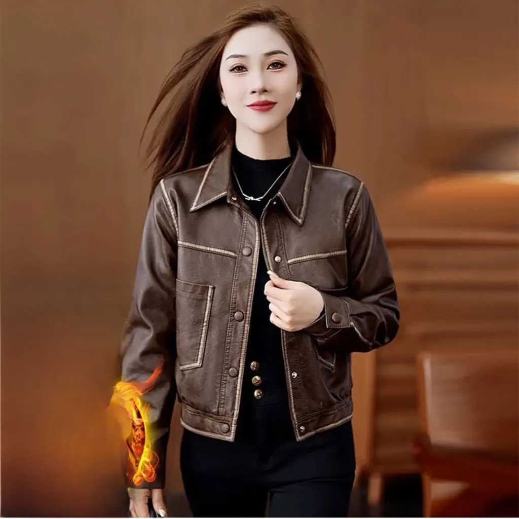 

Women's Brown Fleece-Lined Thick Leather Jacket Autumn Winter Short Loose-Fitting High-End Casual Motorcycle PU Leather Coat