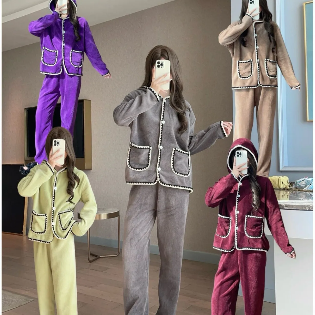 طقم بيجامة نسائي من Pjs بيجامة شتوية دافئة ملابس منزلية عصرية، طقم بيجامة لطيف وناعم بيجامة بقلنسوة