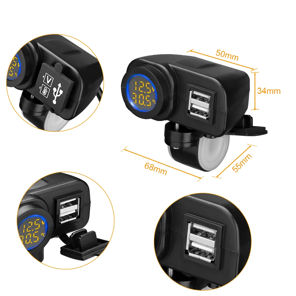 Anchtek Motorcycle QC3.0 Dual USB Mobile Phone Charger Voltmeter Thermometer Digital Display Mobile Phone Charger Socket Adapter