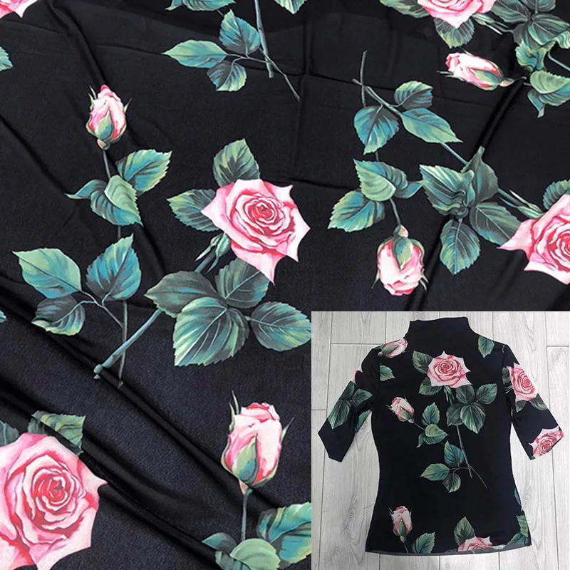 

Черная основа, розовая роза, сетчатый материал с принтом, ткань для платья/блузы Telas Para Costura Tissus, ткань «сделай сам», швейный материал