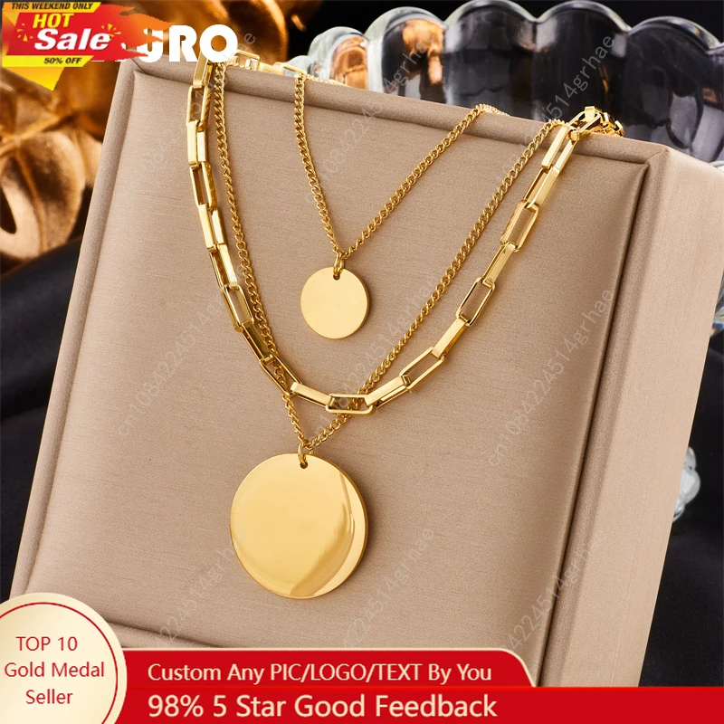 

DIEYURO 316L Stainless Steel Gold Color 3in1 Round Pendant Necklace For Women Fashion Girls Multilayer Chain Neck Jewelry Gift