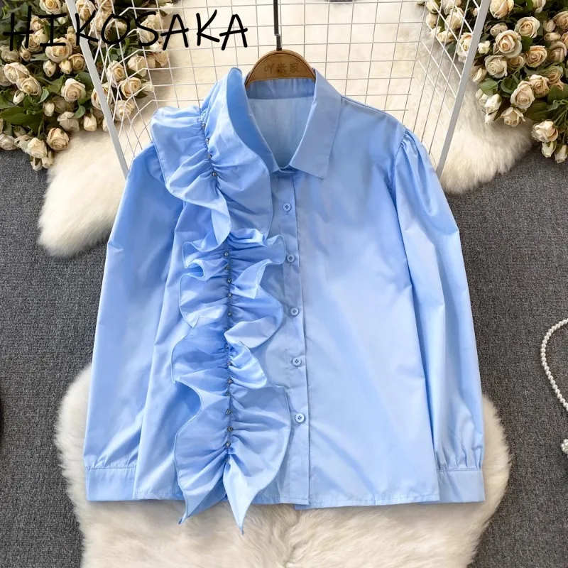 Fashion Three-dimensional Ruffles Longsleeve Blouse Single Breasted Casual Lapel Shirts Solid All-match Casual Ladies Top 2024