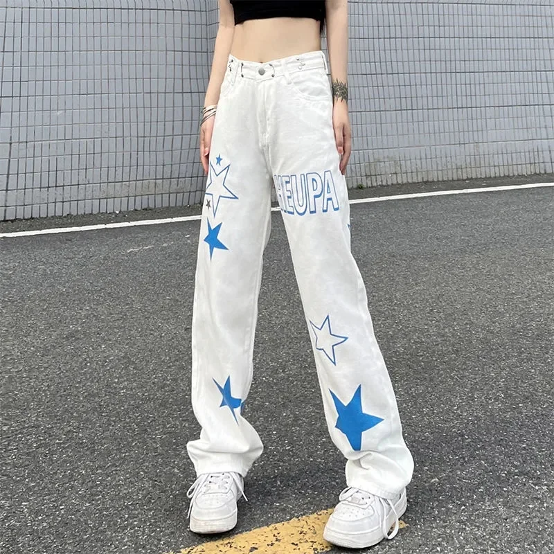 

2024 Women High Waisted Loose Fitting Casual Denim Pants Female White Wide Legs Jeans Ladies Summer Straight Cylinder Pantalons