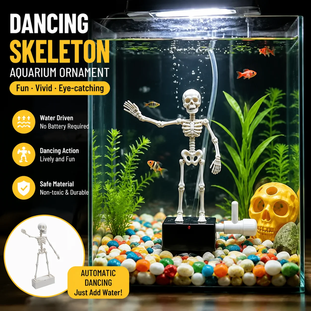 Aquarium Marine Stone - 踊るスケルトン水槽飾り 魚タンクバブラー リアルな水中オーナメント インタラクティブエアストーン エアホース付き