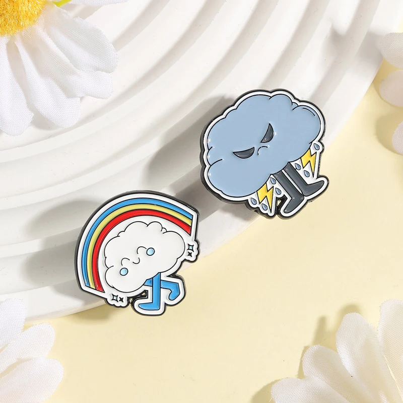 Angry Storm Cloud Enamel Pins Cartoon Happy Rainbow Smile Brooches Lapel Badge Cute Funny Jewelry Gift for Friends