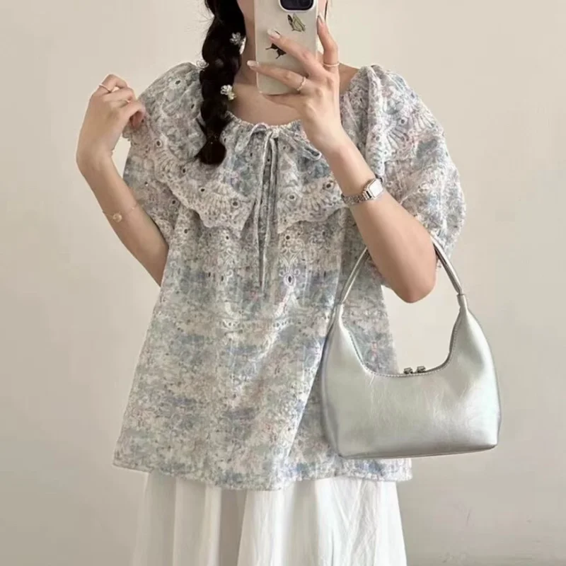 

2025,Summer,European,Clothes,Loose,Blouse,Chic,Sexy,Stand,Patchwork,Print,Floral,3D,Ruffles,Women,Short Sleeve,Pullover,Tops,560