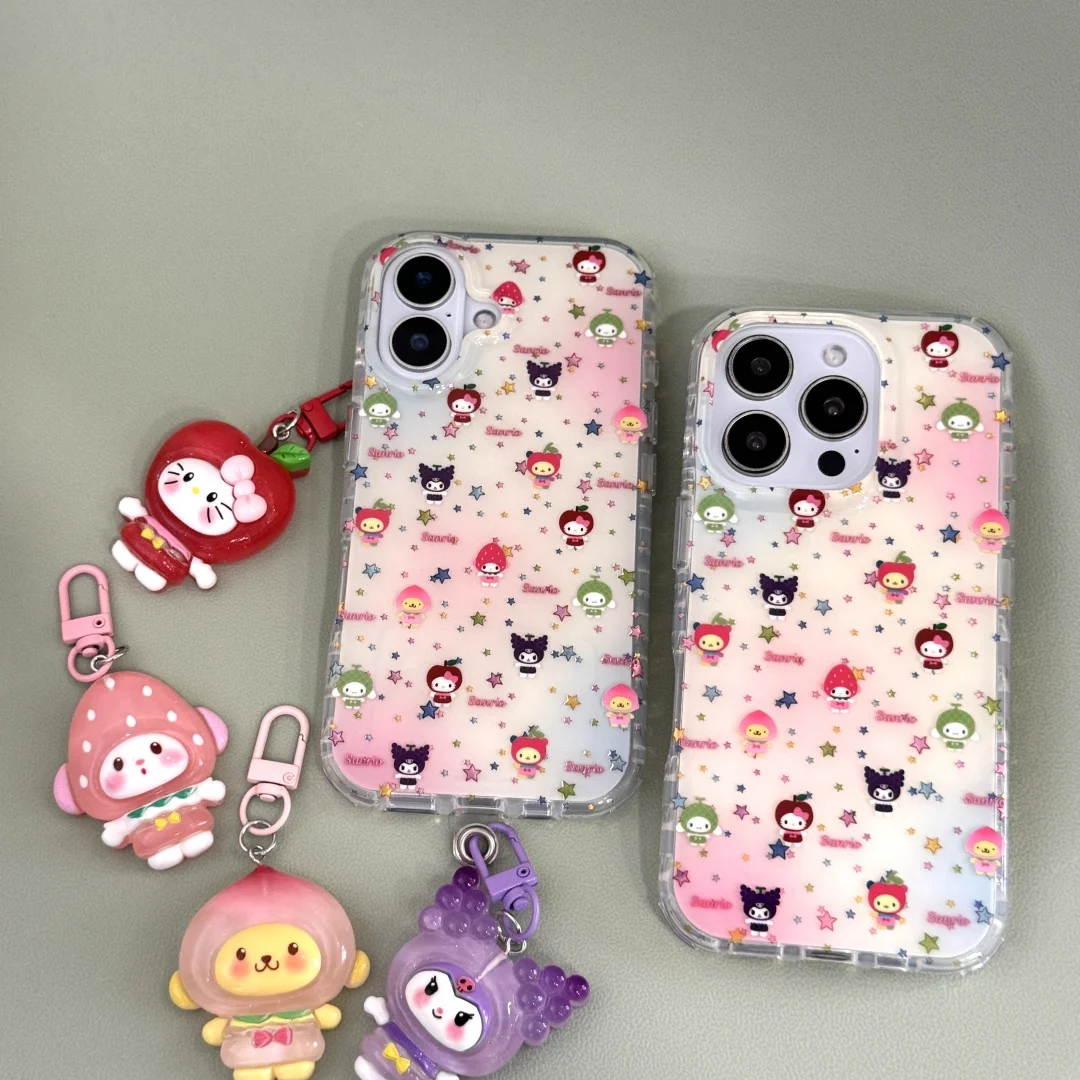 

Super Cute Kuromi Melody Strawberry Lovely Fruit keychain pendant Phone Case For iPhone 14 15 16 Pro Max Silicone Protect Cover
