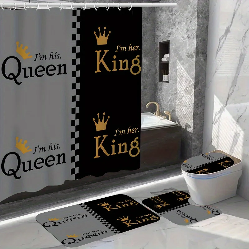 1/4pcs Two Tone King Queen Pattern Shower Set, Waterproof Bath Curtain With Hooks, U-shaped , Toilet Cover Mat, L-sha