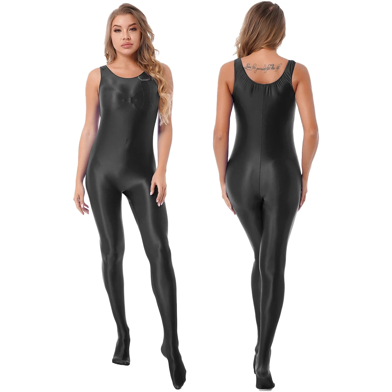 Women's Glossy Long Sleeve Jumpsuit Bodystocking Smooth Bodycon Romper for Gym Yoga Fitness Nightwear Full Bodycon Outfit