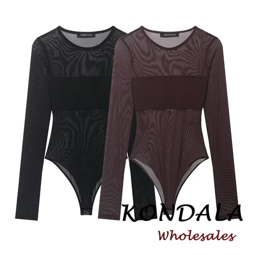 Imagen 2 del producto KONDALA Elegante Mono Sexy Marrón Estilo Urbano para Fiesta Nocturna, Moda 2026, Mono de Club de Manga Larga, Top Transparente sin Tirantes para Mujer