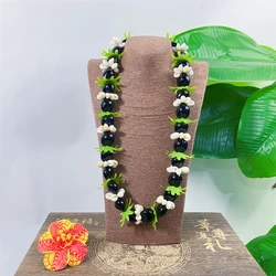 Hot Sale Popular Hawaiian Kukui Nut Shell Lei with Cowrie Shell Green Leaf Hula Dance Supplies Necklace 80CM Fast Shipping