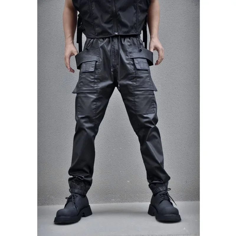 Autumn And Winter Dark Wind Coated Waxy Double Ring Pants multi-pocket Cargo Pants men's Straight Leg Casual Pants Trend