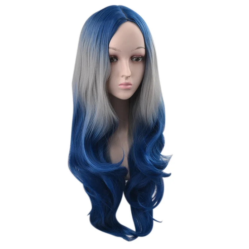 Peruka damska europejska i amerykańska, długa, kręcona, z dużymi falami, dwukolorowa, gradientowa, z włókna syntetycznego, z czepeczkiem.